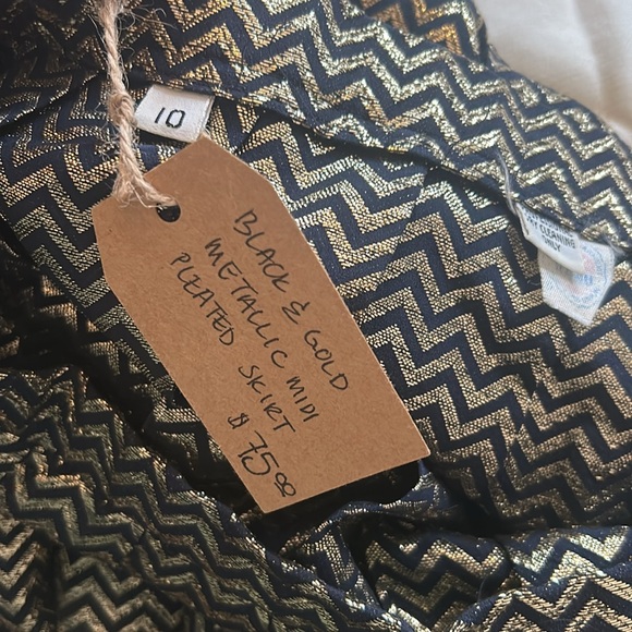 Vintage Black Gold Zip Zag Pattern Metallic Pleated Midi Skirt Size 10 - Picture 5 of 5